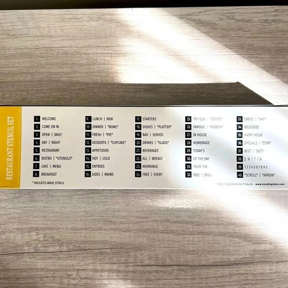 Restaurant Stencil Set Excello Global Includes 40 Flexible Plastic Stencils - Picture 2 of 4